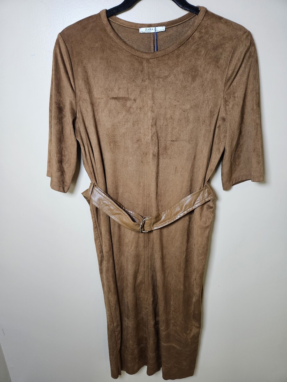 Zara Brown Faux Suede Midi Belted Dress Small Stretch Western Boho Fall